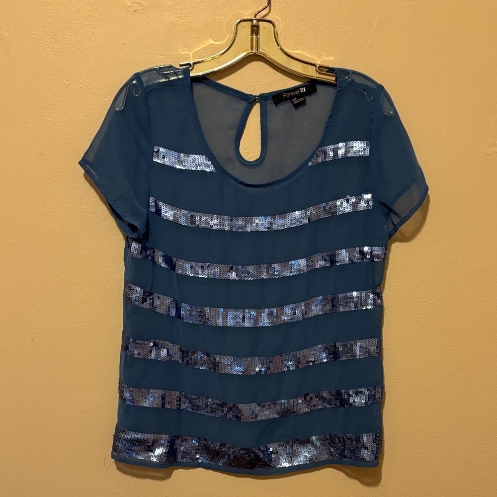 Forever 21 Blue Sequin Striped Blouse